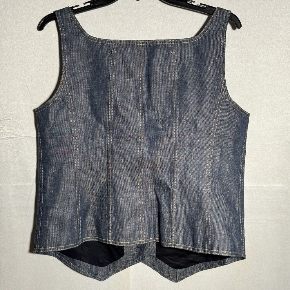 Talbots 100% Linen Vest Blue Denim Look Button Front Women Size 16 Corset - Picture 2 of 7